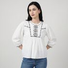 Women's White Cotton Round Neck Embroidered Top, सफ़ेद, small