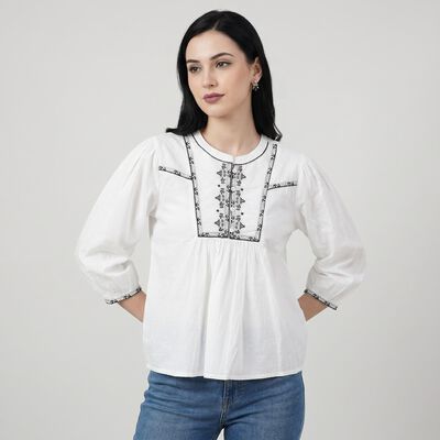 Women's White Cotton Round Neck Embroidered Top