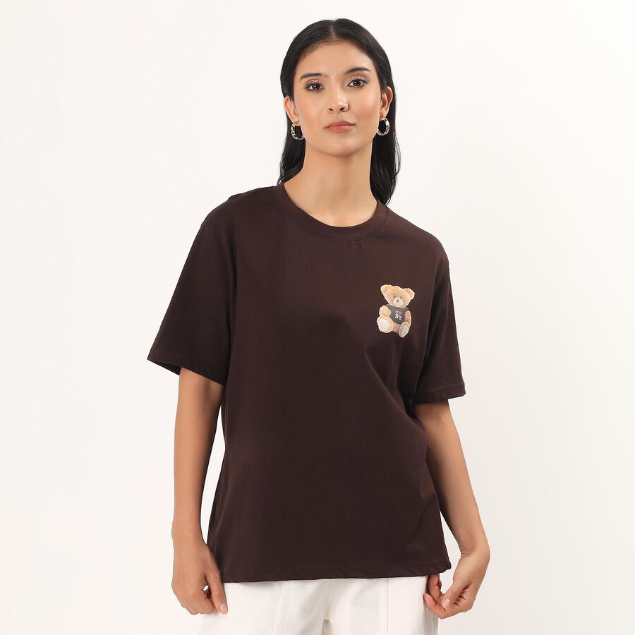 Women's Brown Cotton Round Neck Minimalist T-Shirt, Brown, large