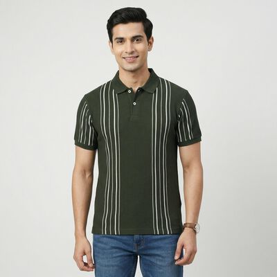 Men's Olive Green Collared Neck Casual T-Shirt