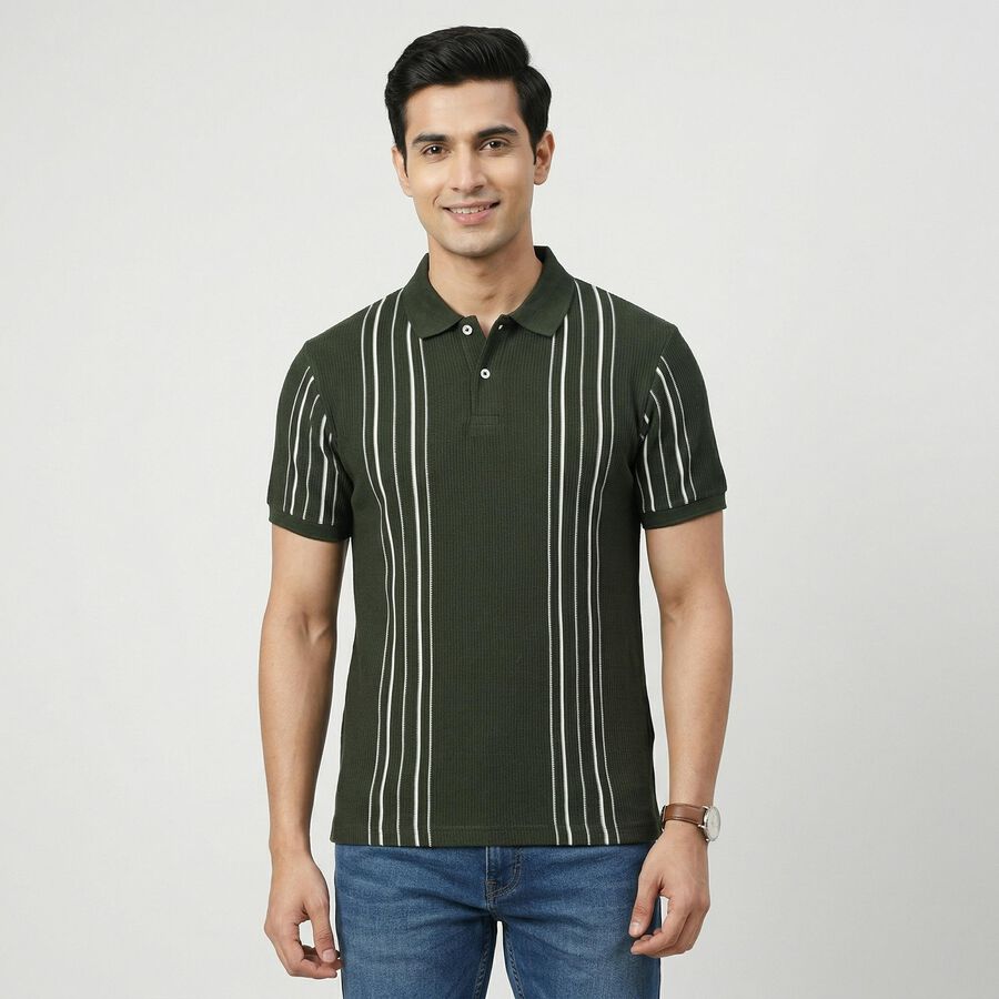 Men's Olive Green Collared Neck Casual T-Shirt, Olive, large