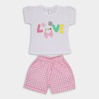 Girls' White Cotton Printed T-Shirt and Pink Gingham Shorts Set, White, small image number null