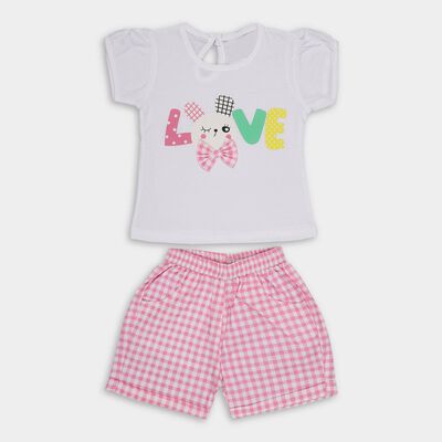 Girls' White Cotton Printed T-Shirt and Pink Gingham Shorts Set