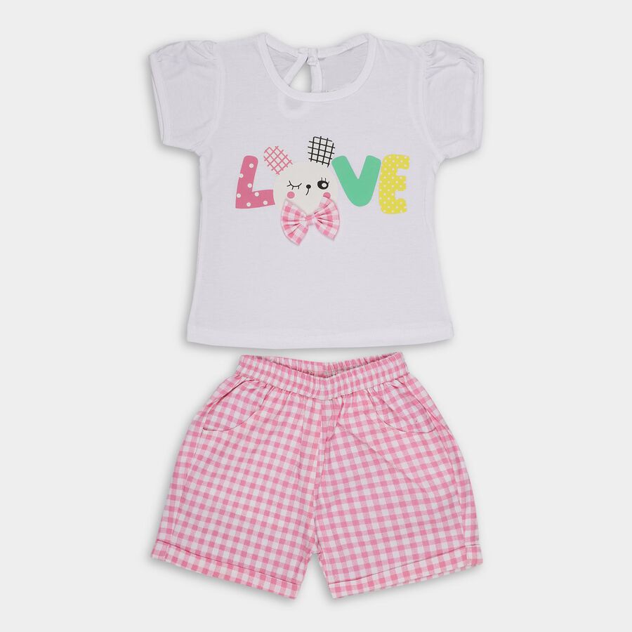 Girls' White Cotton Printed T-Shirt and Pink Gingham Shorts Set, White, large image number null
