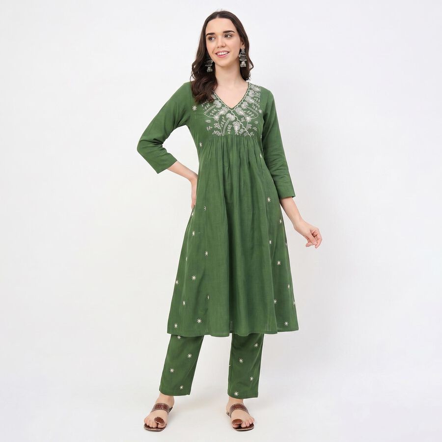Women's Green Cotton V-Neck Embroidered Kurta, हल्का हरा, large