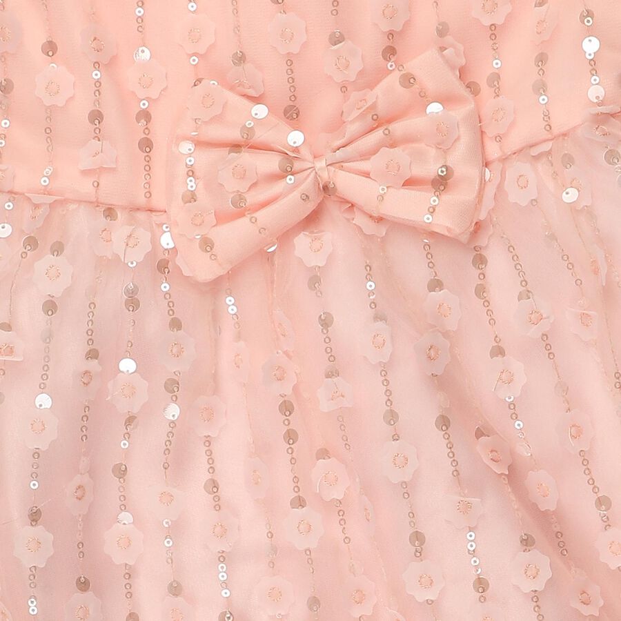 Girls' Pink Flared Floral Sequin Bow Frock, हल्का गुलाबी, large