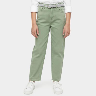 Girls' Light Green Regular Fit Washed Jeans