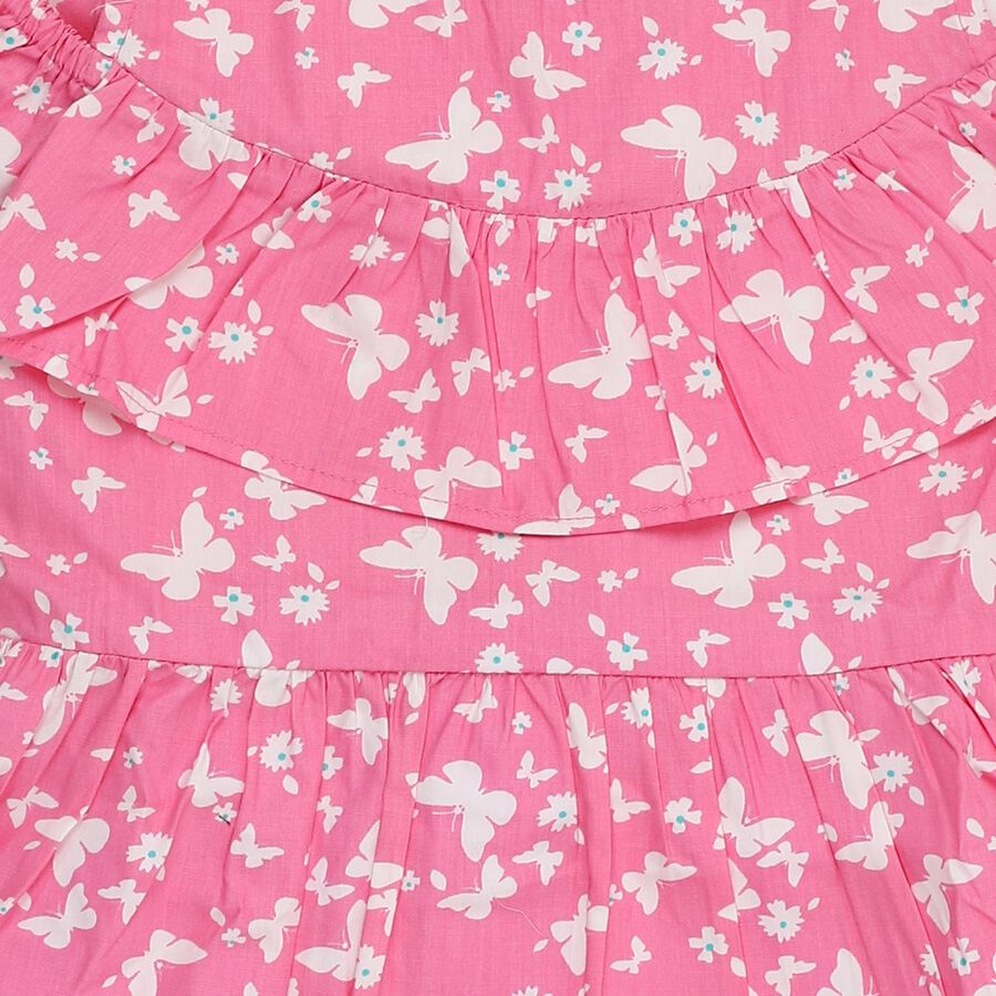 Girls' Bright Pink Butterfly Print Cold-Shoulder A-Line Frock, Pink, large image number null