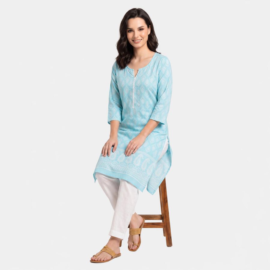 Women's Light Blue Round Neck Printed Straight Kurta, हल्का नीला, large