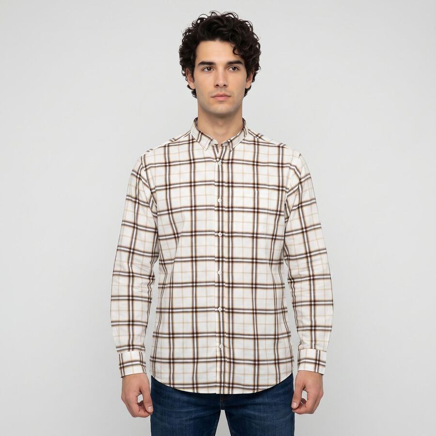Men's Off White Cotton Long Sleeves Spread Collar Casual Shirt, Off White, large