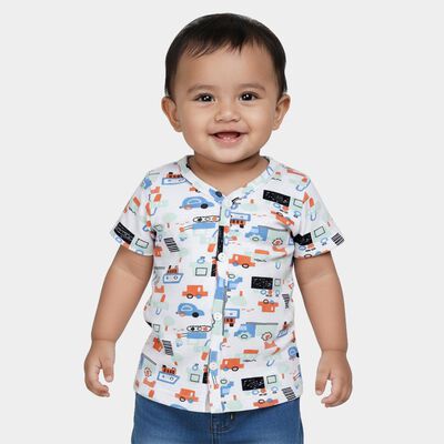 Infants White Cotton V-Neck Printed T-Shirt