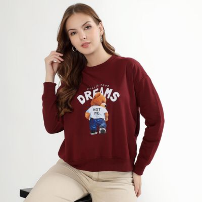 Women's Deep Burgundy Crew Neck Casual Sweatshirt