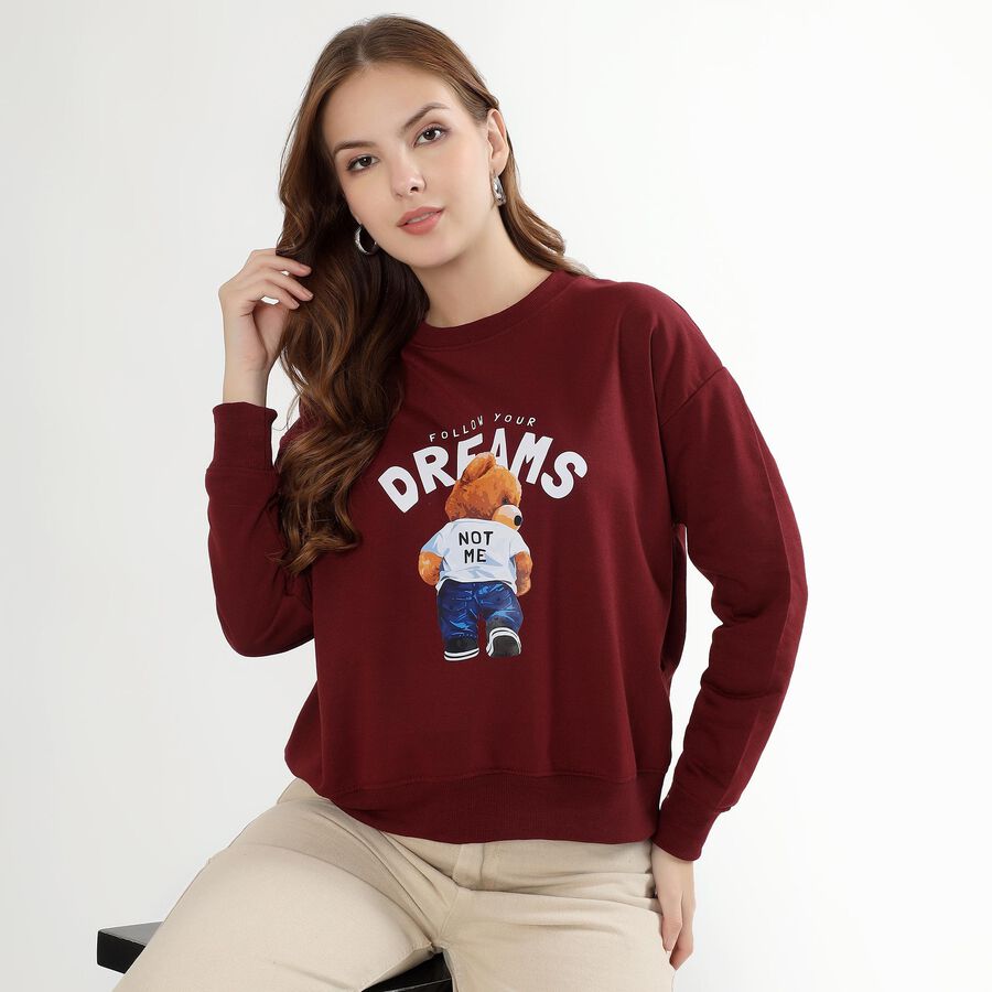 Women's Deep Burgundy Crew Neck Casual Sweatshirt, Wine, large image number null
