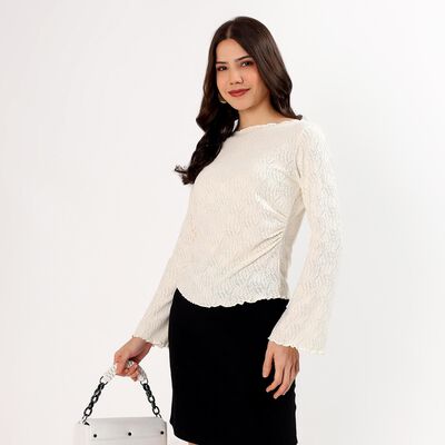 Women's Eggshell White Boat Neck Romantic Top