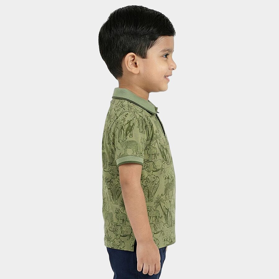 Boys Olive Green Cotton Polo Neck Casual T-Shirt, Olive, large