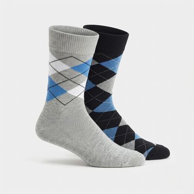 Men's Crew Length Regular Fit Argyle Pack of 2 Socks ( Grey, Navy )