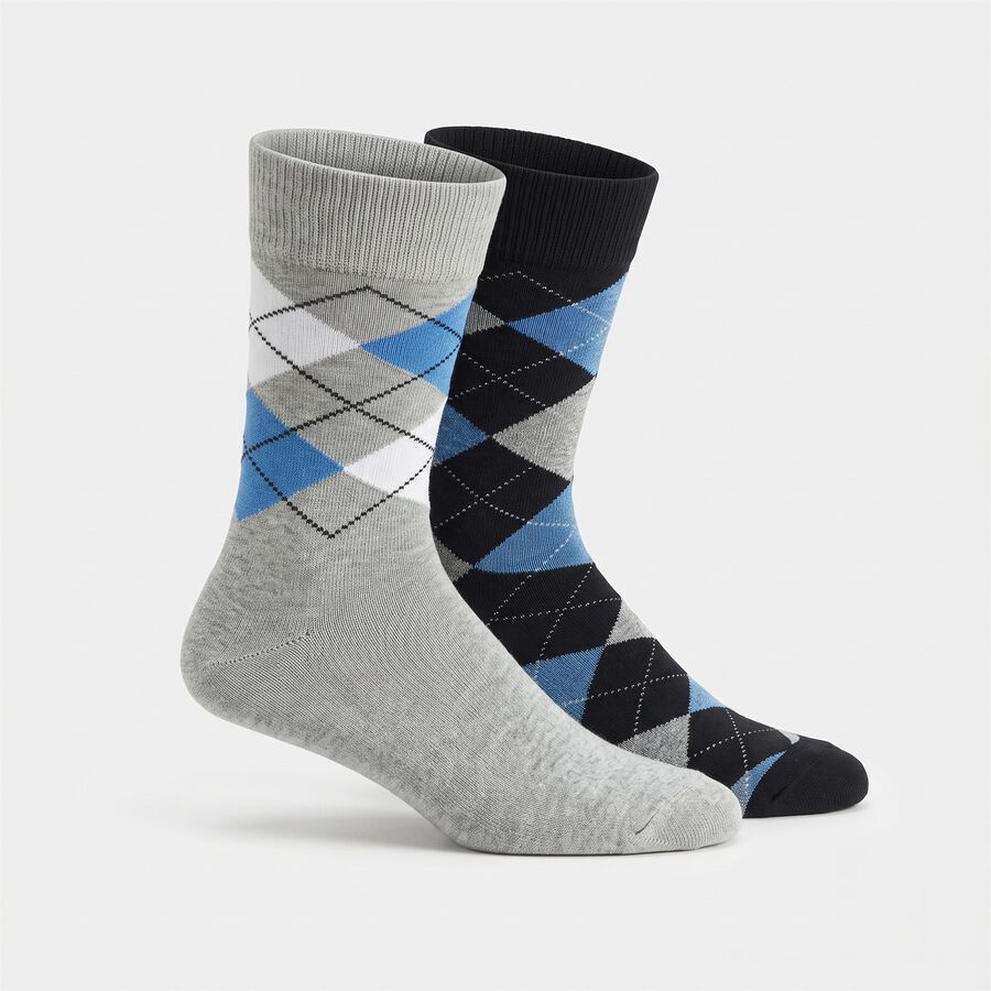 Men's Crew Length Regular Fit Argyle Pack of 2 Socks ( Grey, Navy ), Navy Blue, large