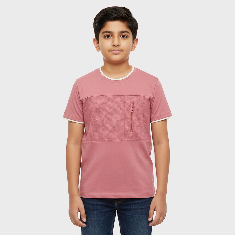 Boys Bright Pink Round Neck Casual T-Shirt, Pink, large