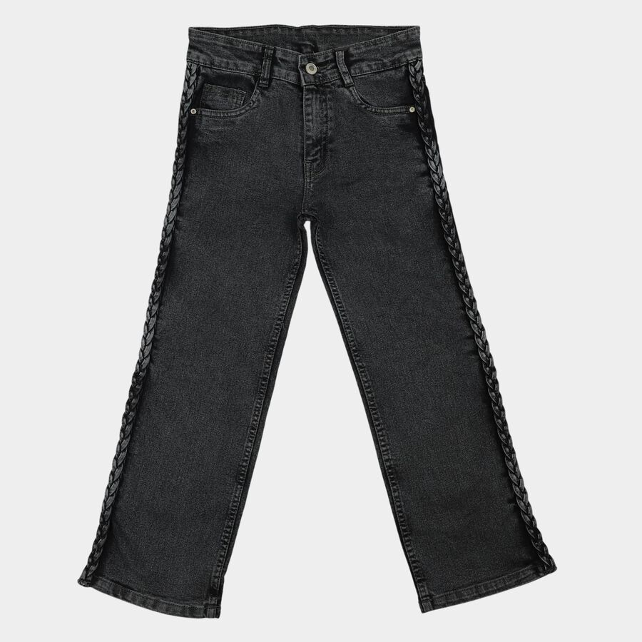 Girls' Black Straight Fit Braided Side Jeans, काला, large