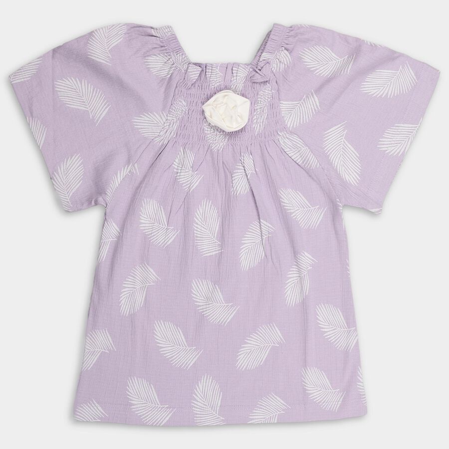 Girls' Lavender Cotton Smocked Neck Short Sleeve T-Shirt, लाइलेक, large image number null