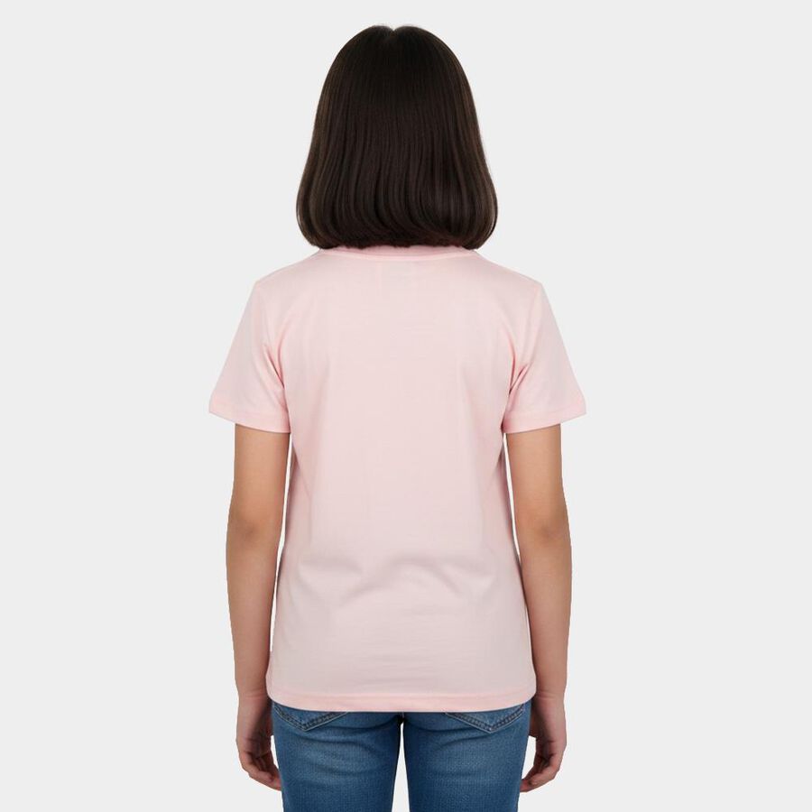 Girls Pink Round Neck Regular T-Shirt, हल्का गुलाबी, large