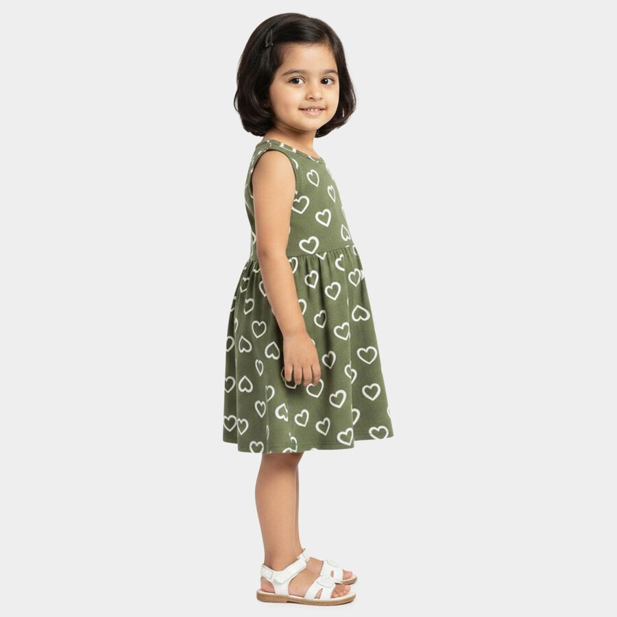 Girls' Olive Green Regular Fit Heart Printed Sleeveless Frock, हल्का हरा, large