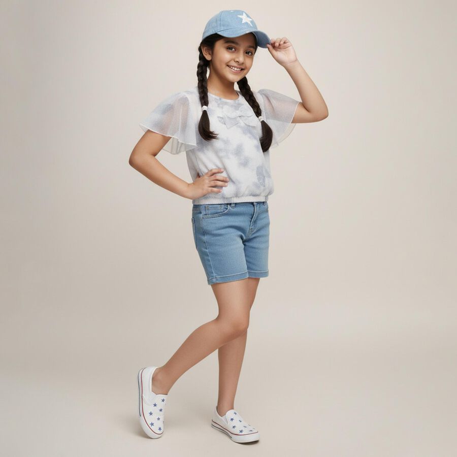 Girls' White Round Neck Casual Flutter Sleeve T-Shirt, White, large image number null