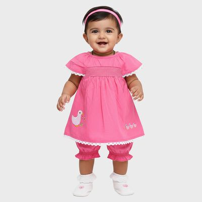Infants' Bright Pink Cotton Smocked Embroidered Frock with Bloomers