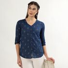 Women's Dark Blue Cotton Notch Neck Floral Printed Kurti, Dark Blue, small