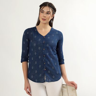 Women's Dark Blue Cotton Notch Neck Floral Printed Kurti