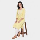 Women's Yellow Round Neck Embroidered Kurta, Yellow, small