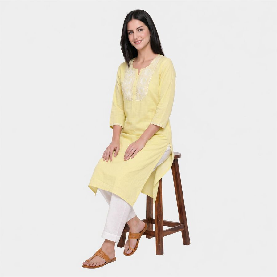 Women's Yellow Round Neck Embroidered Kurta, Yellow, large