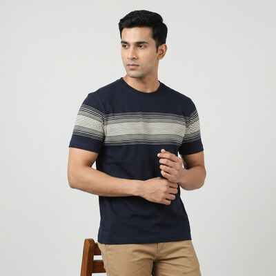 Men's Navy Blue Cotton Round Neck Striped Regular T-Shirt