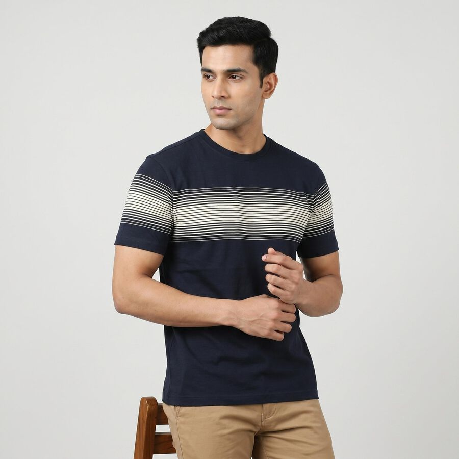 Men's Navy Blue Cotton Round Neck Striped Regular T-Shirt, नेवी ब्लू, large