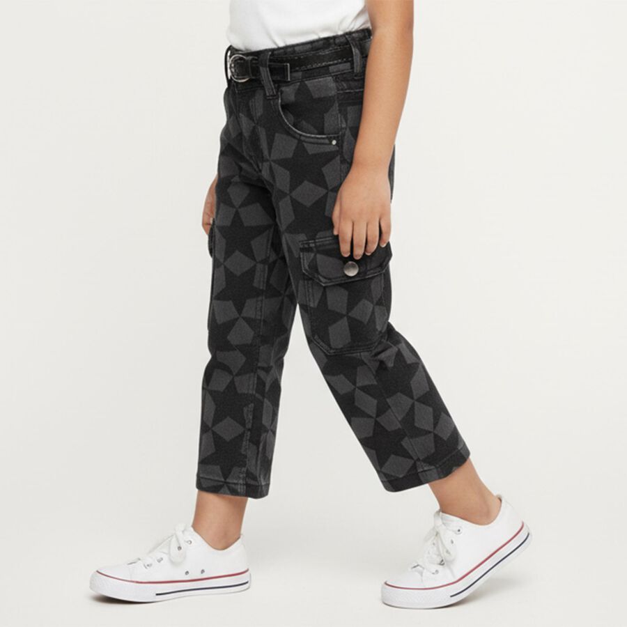 Girls' Dark Charcoal Black Cargo Fit Geometric Print Jeans, Black, large image number null