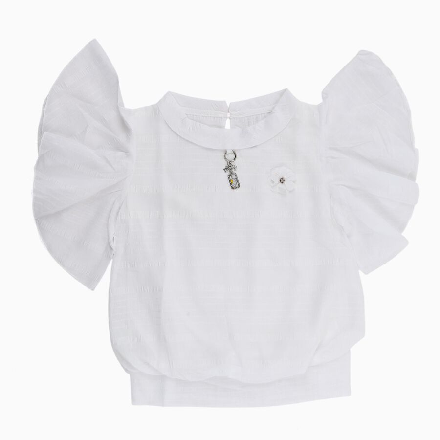 Girls' Bright Snow White Round Neck Romantic T-Shirt, सफ़ेद, large image number null