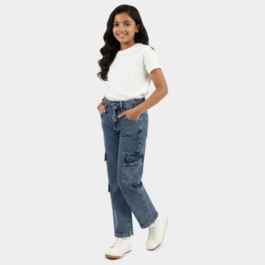 Girls' Dark Blue Regular Fit Heart Patch Jeans, Mid Blue, large