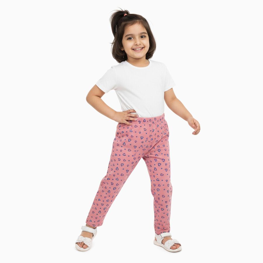 Girls' Muted Pink Heart Print Cotton Blend Pyjama, Pink, large image number null