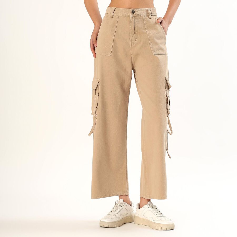 Women's Beige Wide Leg Cargo Jeans, Off White, large