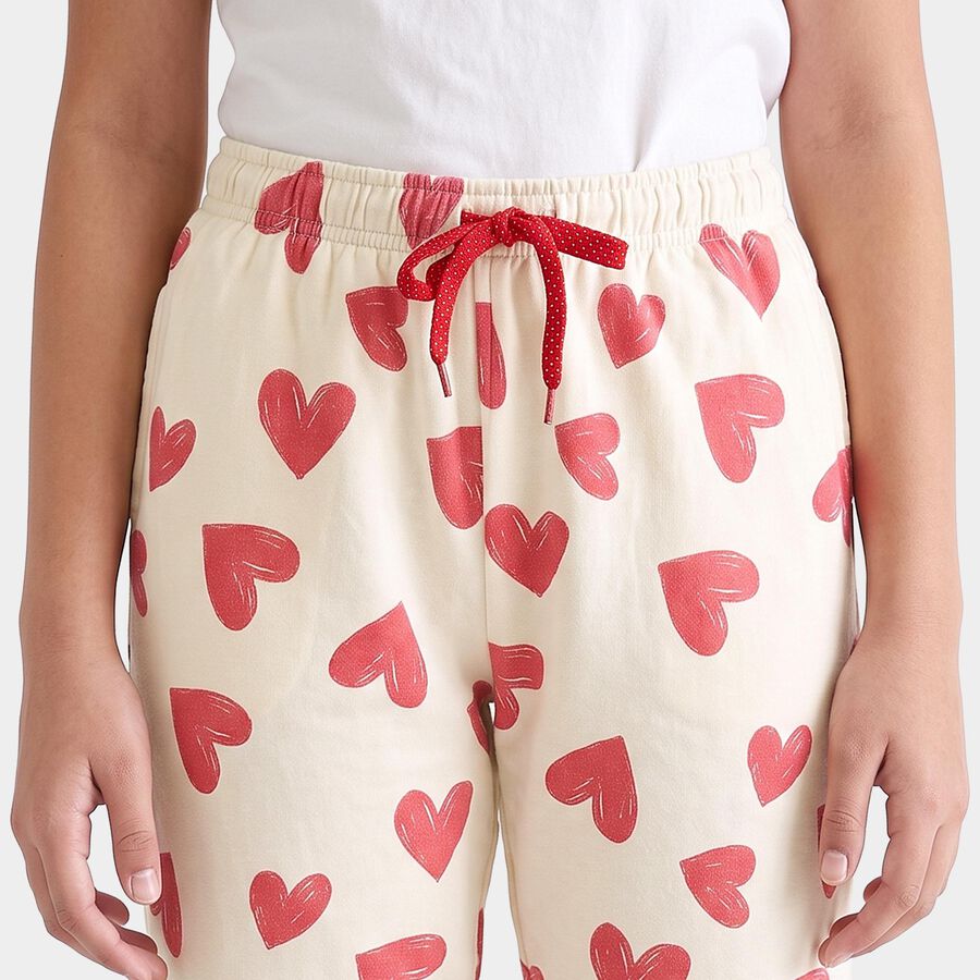 Girls' Cream Jogger Heart Printed Winter Pyjama, ऑफ व्हाइट, large