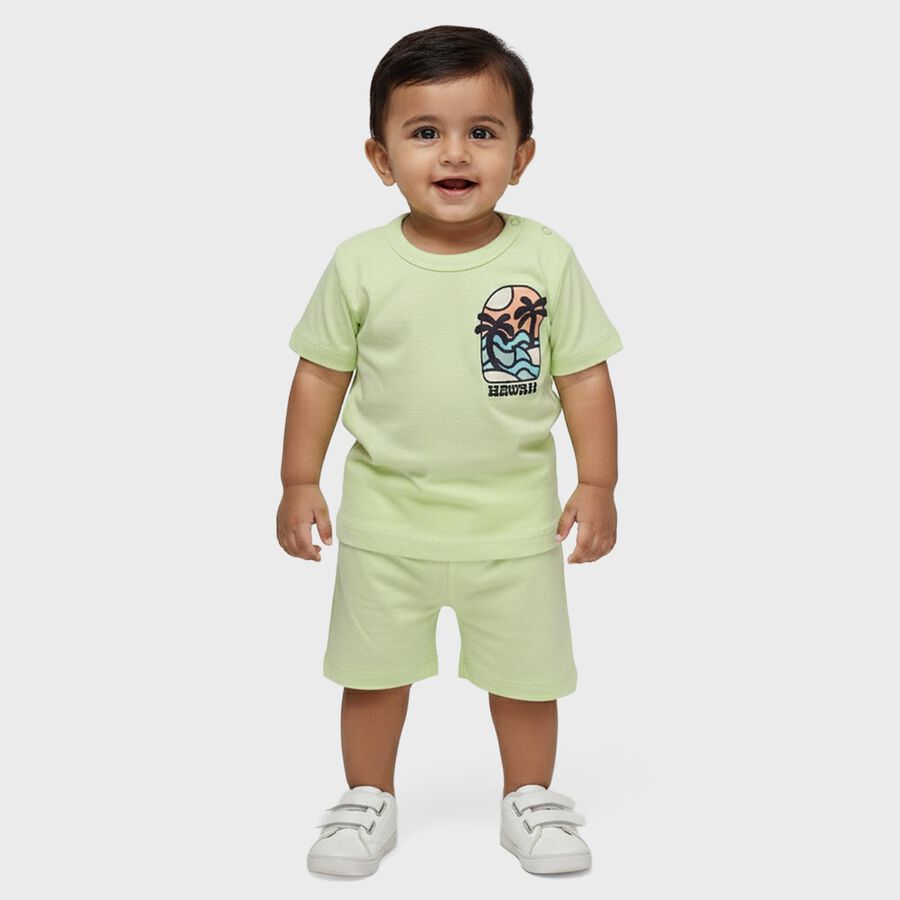 Infants' Light Green Cotton Round Neck Cartoon Print Baba Suit, Light Green, large