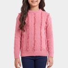 Girls' Pink Crew Neck Cable Knit Pullover, Light Pink, small