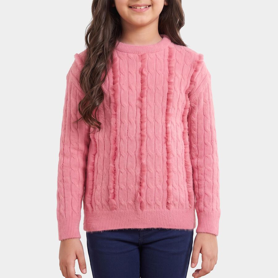 Girls' Pink Crew Neck Cable Knit Pullover, Light Pink, large