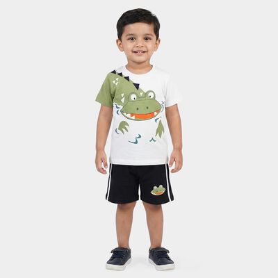 Boys' Navy Blue Cotton Crew Neck Graphic Print Baba Suit