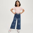 Girls' Dark Indigo Wide Leg Heart Patch Jeans, Mid Blue, small image number null