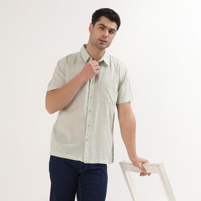 Men's Pale Sage Green Cotton Half Sleeve Spread Collar Casual Shirt