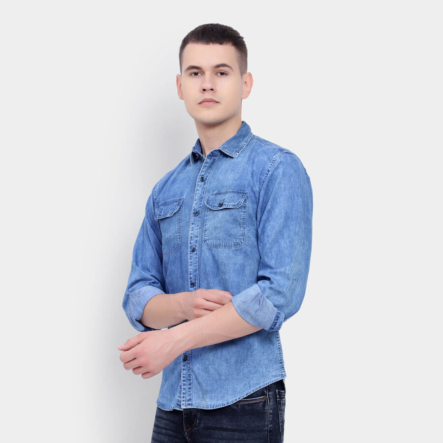 100% Cotton Solid Casual Shirt, Mid Blue, large image number null