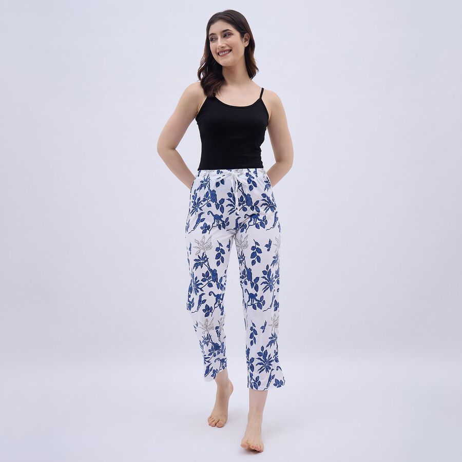 Women's Bright White Floral Printed Elastic Waist Pyjama, White, large image number null