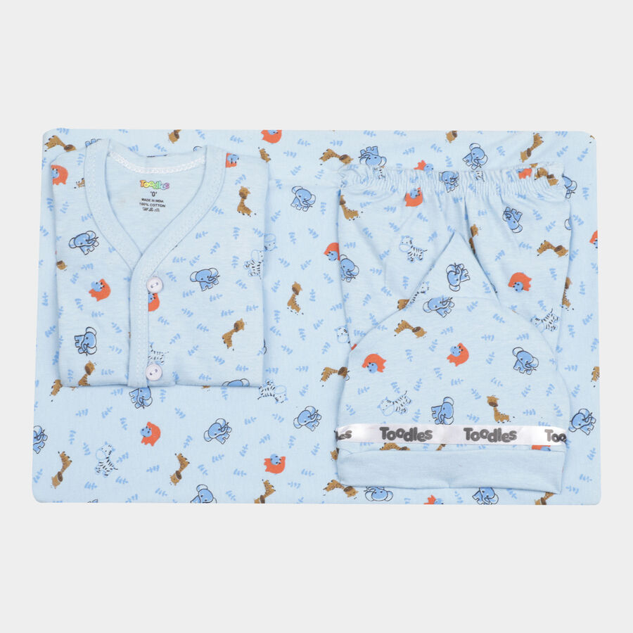 Infants Printed Cotton Baby Gift Set, Light Blue, large image number null