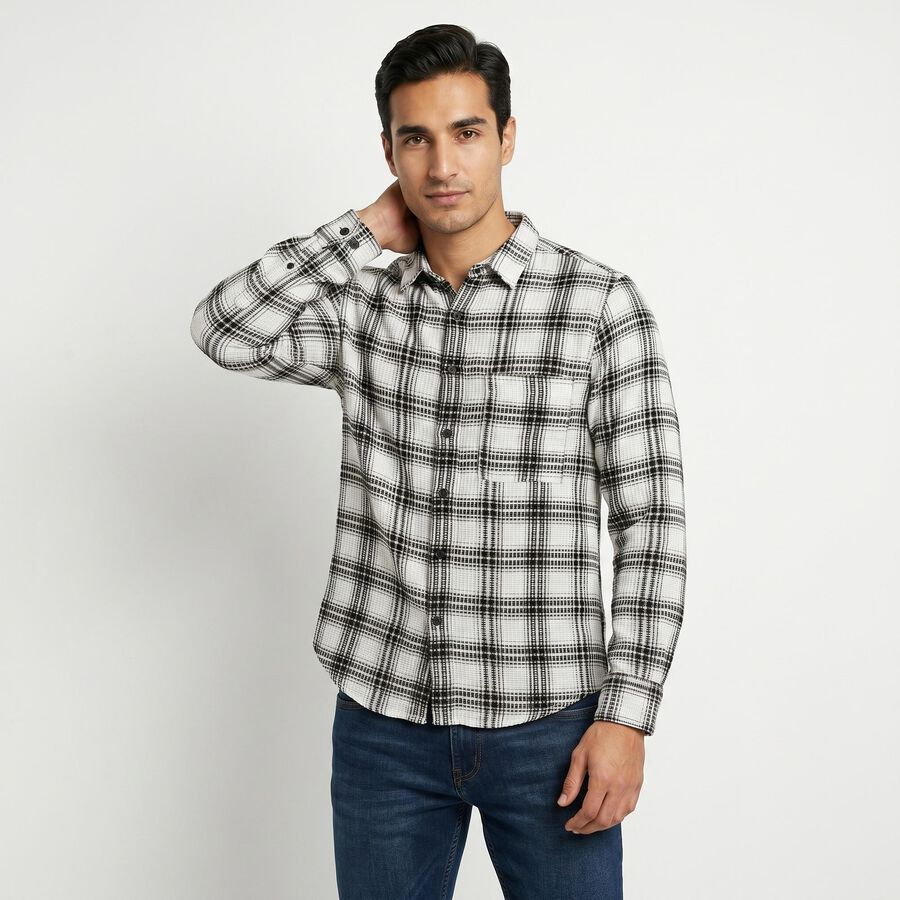 Men's White Cotton Long Sleeve Collar Regular Fit Casual Shirt, सफ़ेद, large
